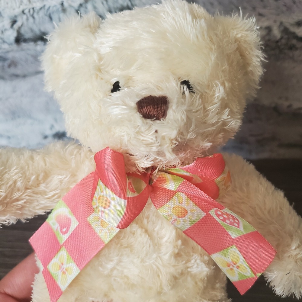 Ivory Cream 10" Teddy Bear With Spring Pink Checkered Silk Bow ULTRA SIKLY LUXE